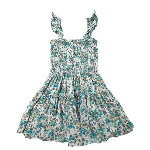 Aerie Dress Womens Large Blue Floral Smocked Bodice Ruffled Straps Mini